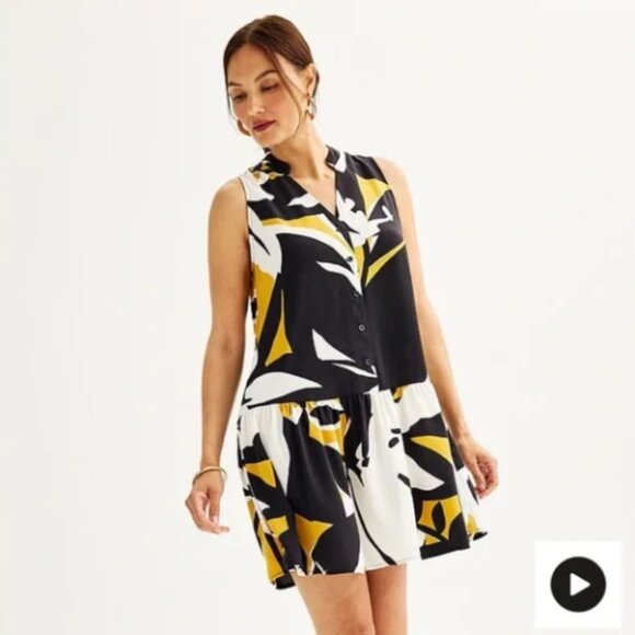Nine West Black and Yellow Leaf Print Mini Dress - Picture 1 of 5